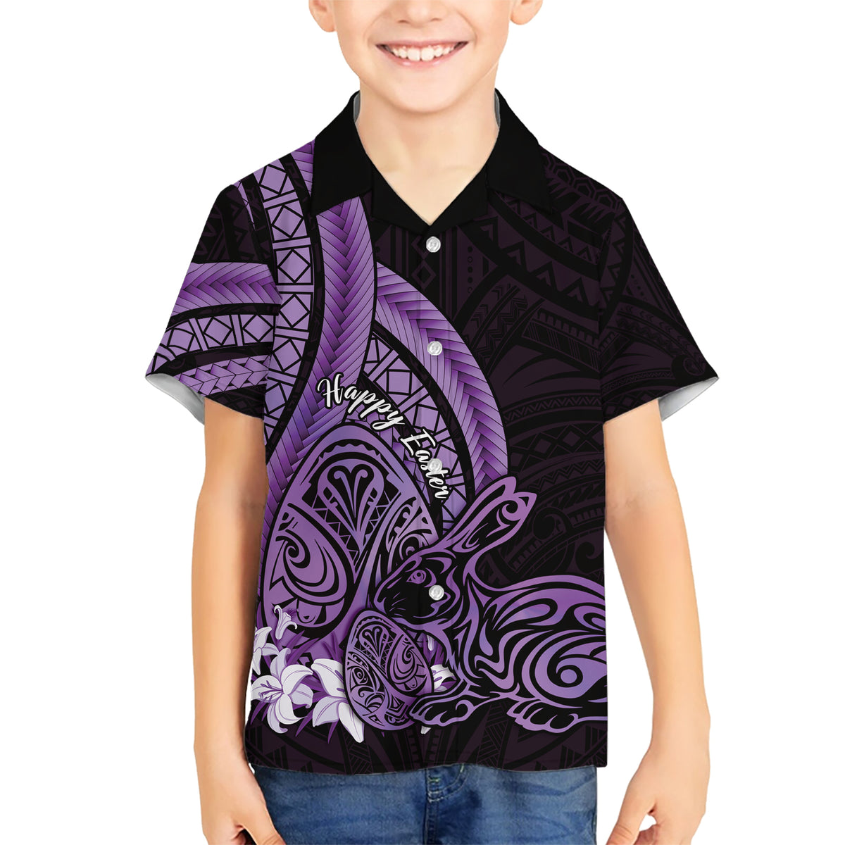 Purple Polynesia Easter Day Family Matching Short Sleeve Bodycon Dress and Hawaiian Shirt Eggs With Bunny Polynesian Pattern