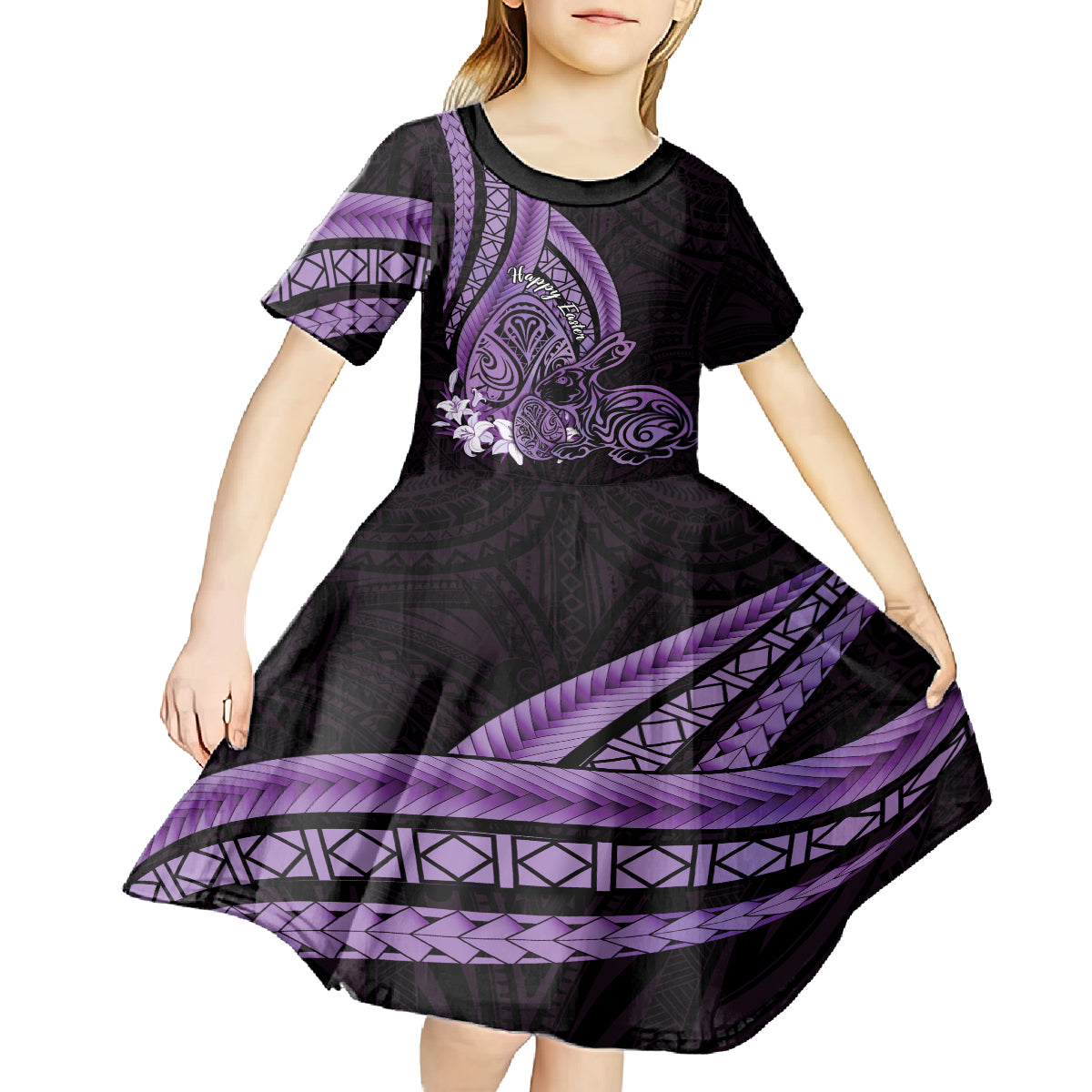 Purple Polynesia Easter Day Kid Short Sleeve Dress Eggs With Bunny Polynesian Pattern LT14 - Polynesian Pride
