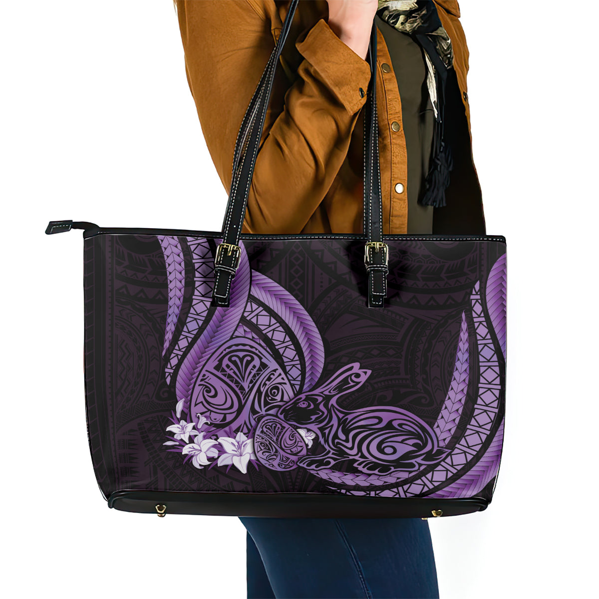 Purple Polynesia Easter Day Leather Tote Bag Eggs With Bunny Polynesian Pattern