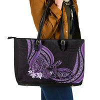 Purple Polynesia Easter Day Leather Tote Bag Eggs With Bunny Polynesian Pattern