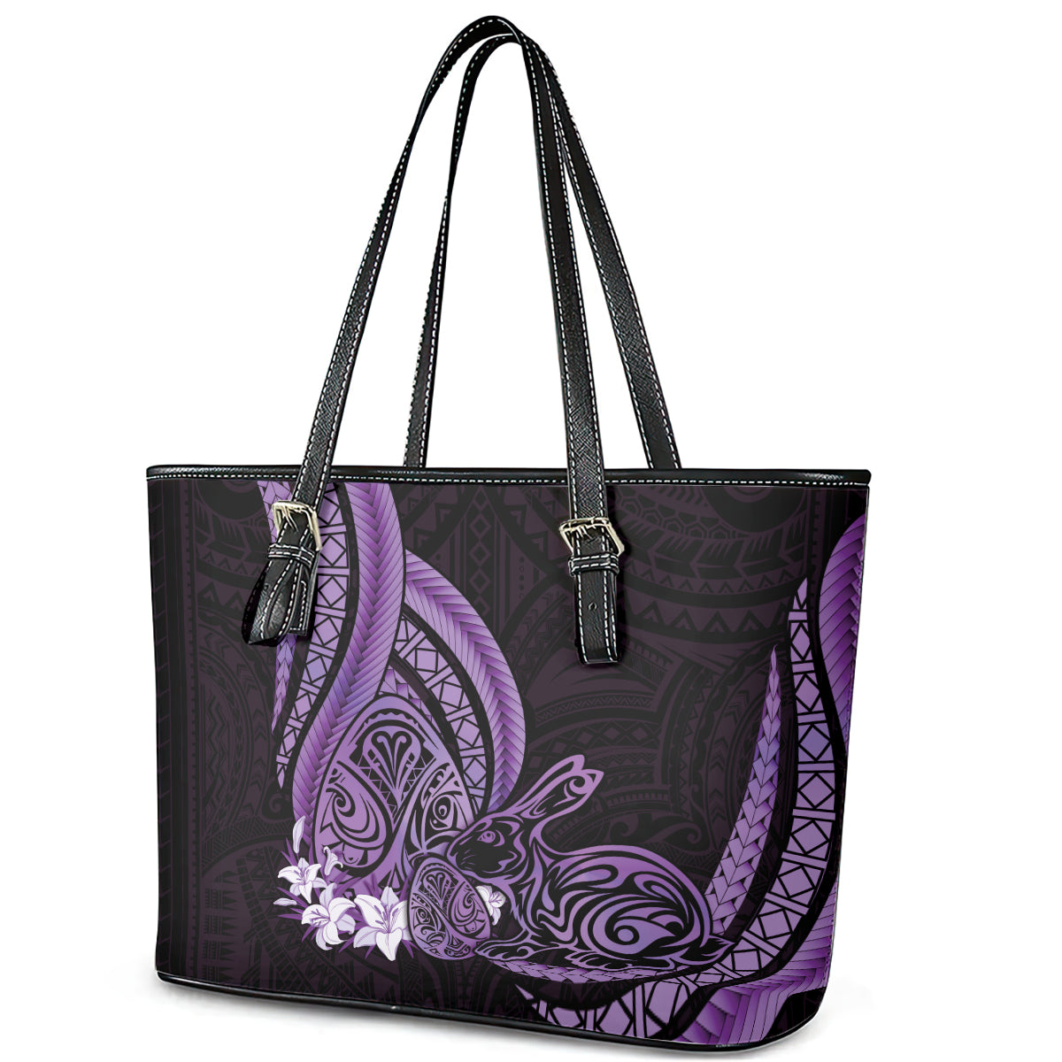 Purple Polynesia Easter Day Leather Tote Bag Eggs With Bunny Polynesian Pattern