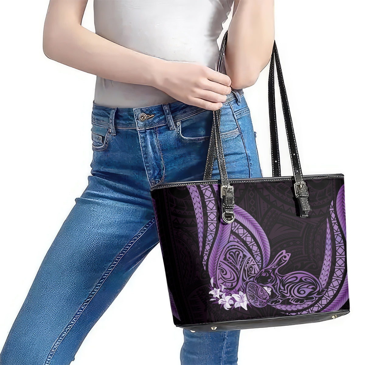 Purple Polynesia Easter Day Leather Tote Bag Eggs With Bunny Polynesian Pattern