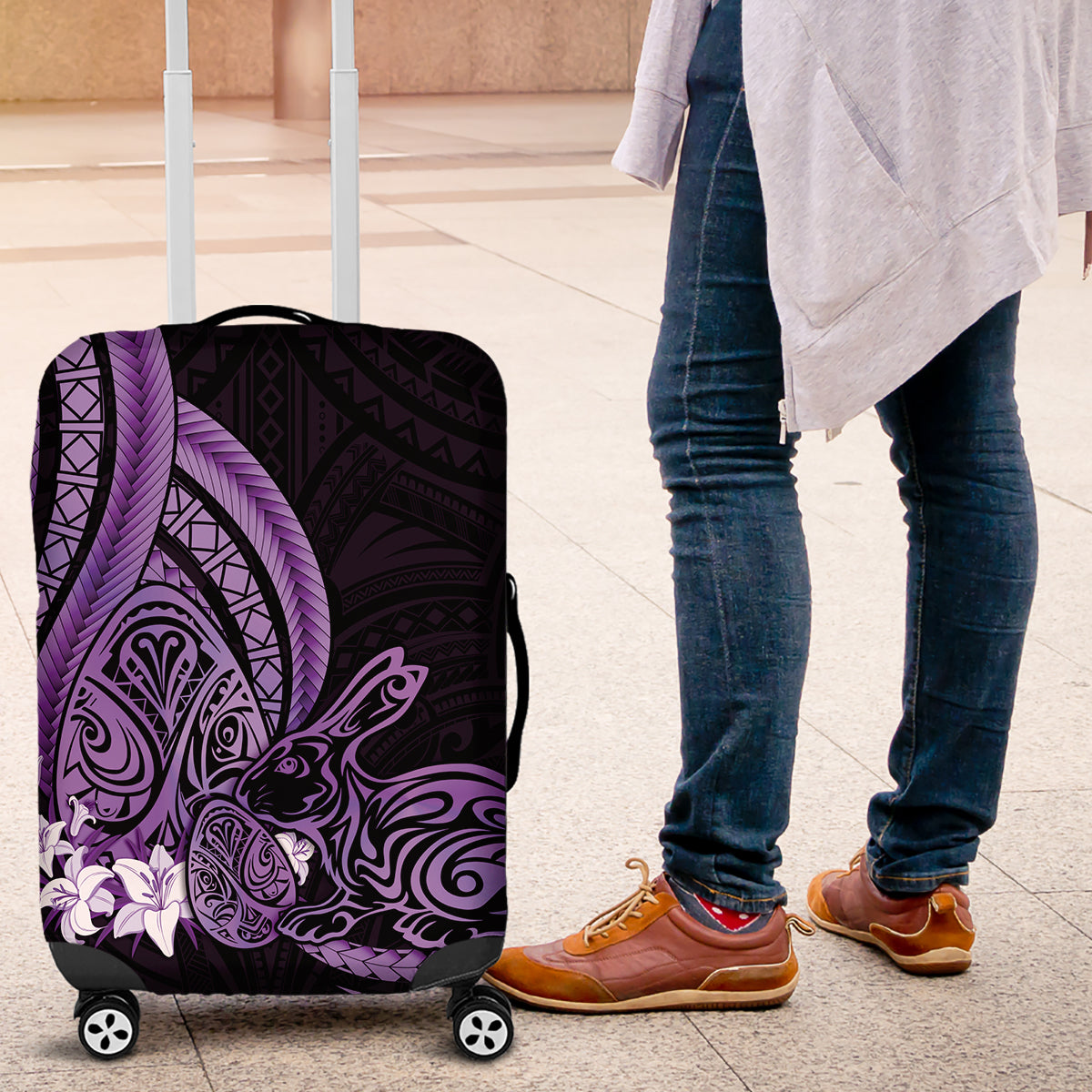 Purple Polynesia Easter Day Luggage Cover Eggs With Bunny Polynesian Pattern