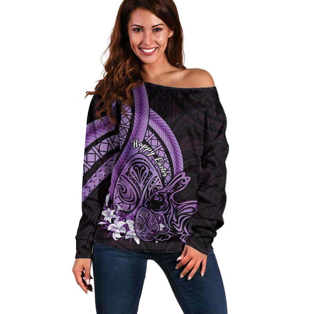 Purple Polynesia Easter Day Off Shoulder Sweater Eggs With Bunny Polynesian Pattern LT14 Women Purple - Polynesian Pride