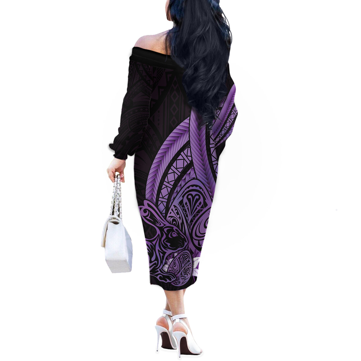Purple Polynesia Easter Day Off The Shoulder Long Sleeve Dress Eggs With Bunny Polynesian Pattern LT14 - Polynesian Pride