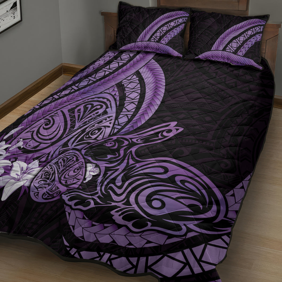 Purple Polynesia Easter Day Quilt Bed Set Eggs With Bunny Polynesian Pattern