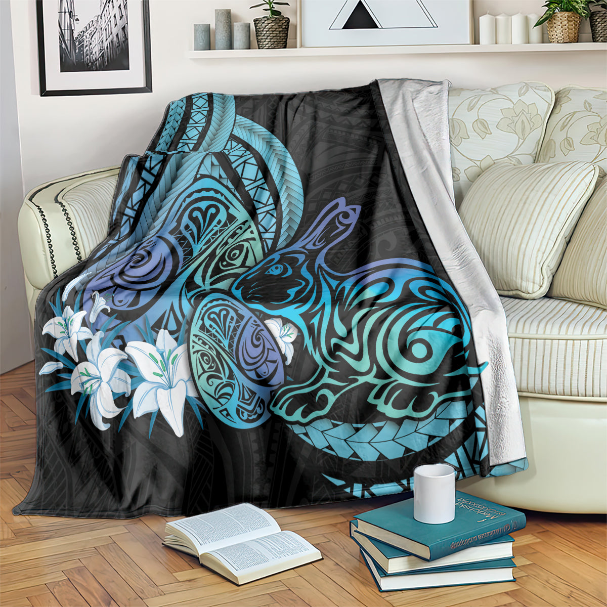 Turquoise Polynesia Easter Day Blanket Eggs With Bunny Polynesian Pattern