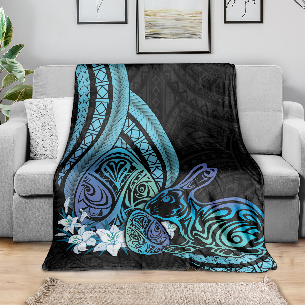 Turquoise Polynesia Easter Day Blanket Eggs With Bunny Polynesian Pattern