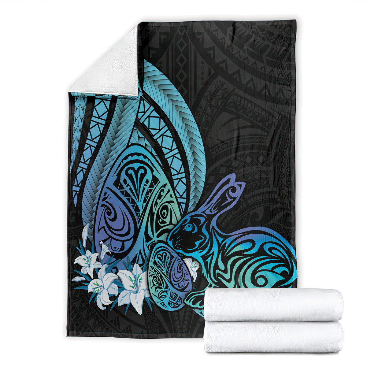 Turquoise Polynesia Easter Day Blanket Eggs With Bunny Polynesian Pattern