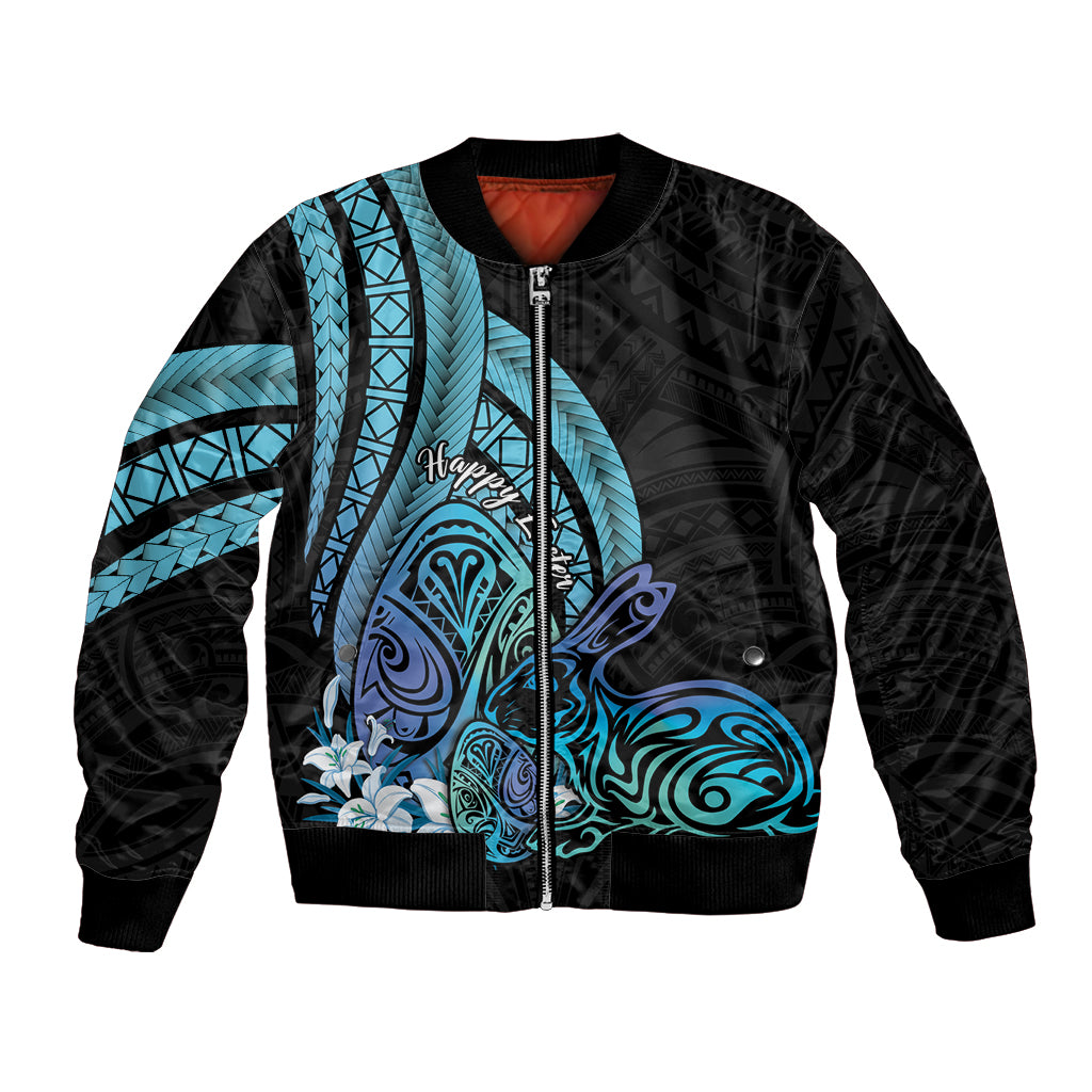 Turquoise Polynesia Easter Day Bomber Jacket Eggs With Bunny Polynesian Pattern