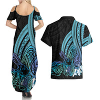 Turquoise Polynesia Easter Day Couples Matching Summer Maxi Dress and Hawaiian Shirt Eggs With Bunny Polynesian Pattern