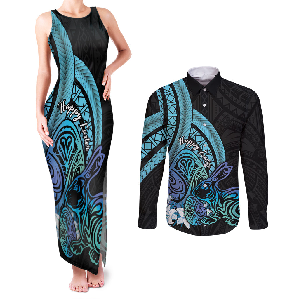 Turquoise Polynesia Easter Day Couples Matching Tank Maxi Dress and Long Sleeve Button Shirt Eggs With Bunny Polynesian Pattern