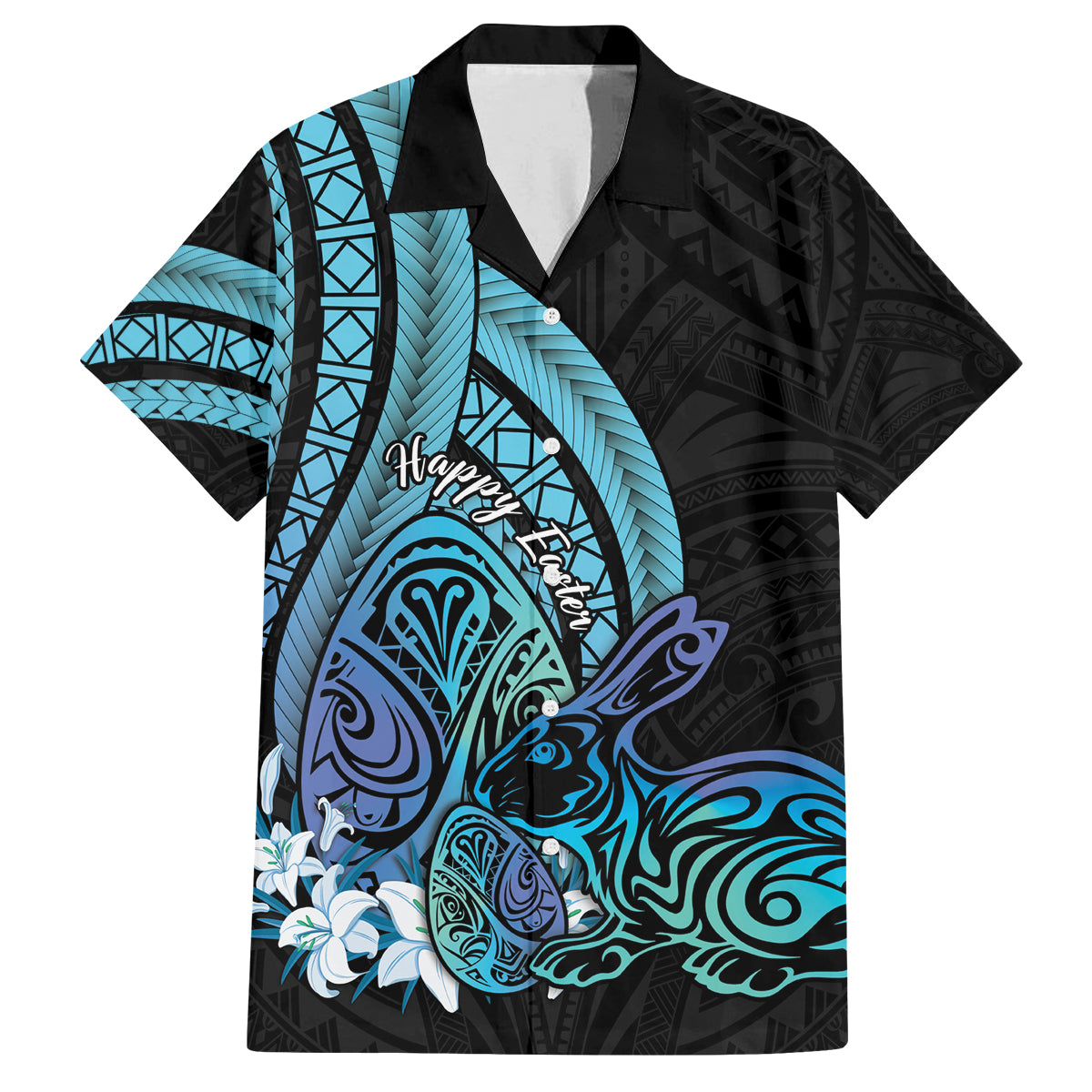 Turquoise Polynesia Easter Day Family Matching Tank Maxi Dress and Hawaiian Shirt Eggs With Bunny Polynesian Pattern LT14 Dad's Shirt - Short Sleeve Turquoise - Polynesian Pride