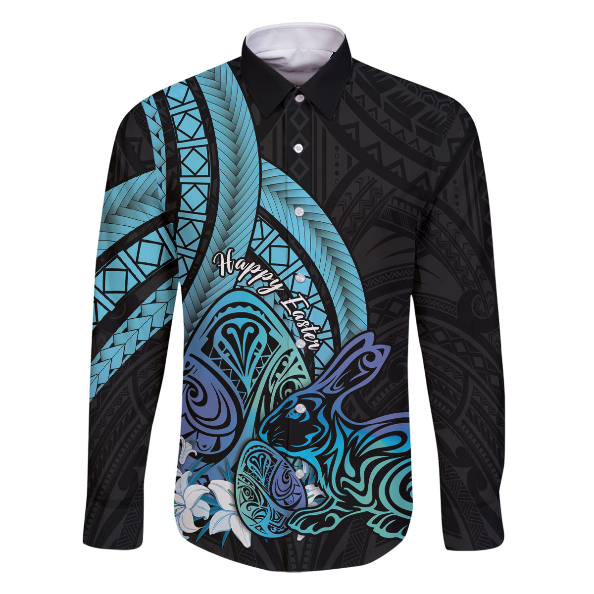 Turquoise Polynesia Easter Day Family Matching Tank Maxi Dress and Hawaiian Shirt Eggs With Bunny Polynesian Pattern LT14 Dad's Shirt - Long Sleeve Turquoise - Polynesian Pride