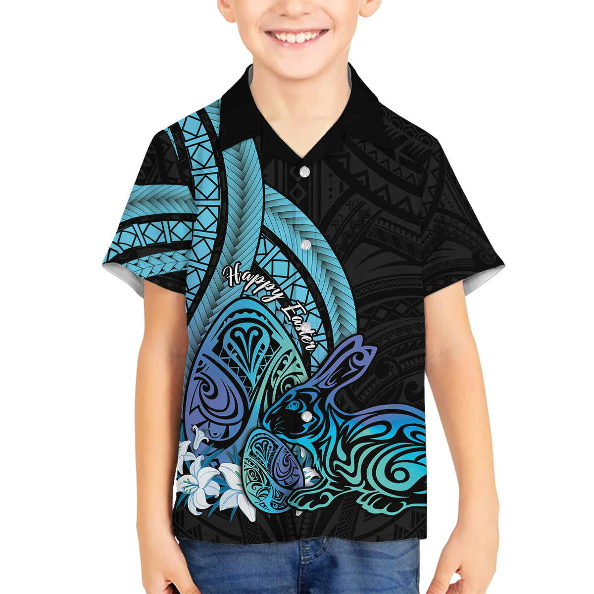 Turquoise Polynesia Easter Day Family Matching Tank Maxi Dress and Hawaiian Shirt Eggs With Bunny Polynesian Pattern LT14 Son's Shirt Turquoise - Polynesian Pride