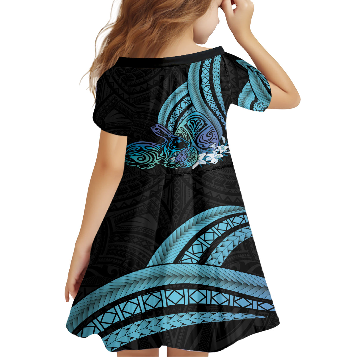 Turquoise Polynesia Easter Day Kid Short Sleeve Dress Eggs With Bunny Polynesian Pattern LT14 - Polynesian Pride