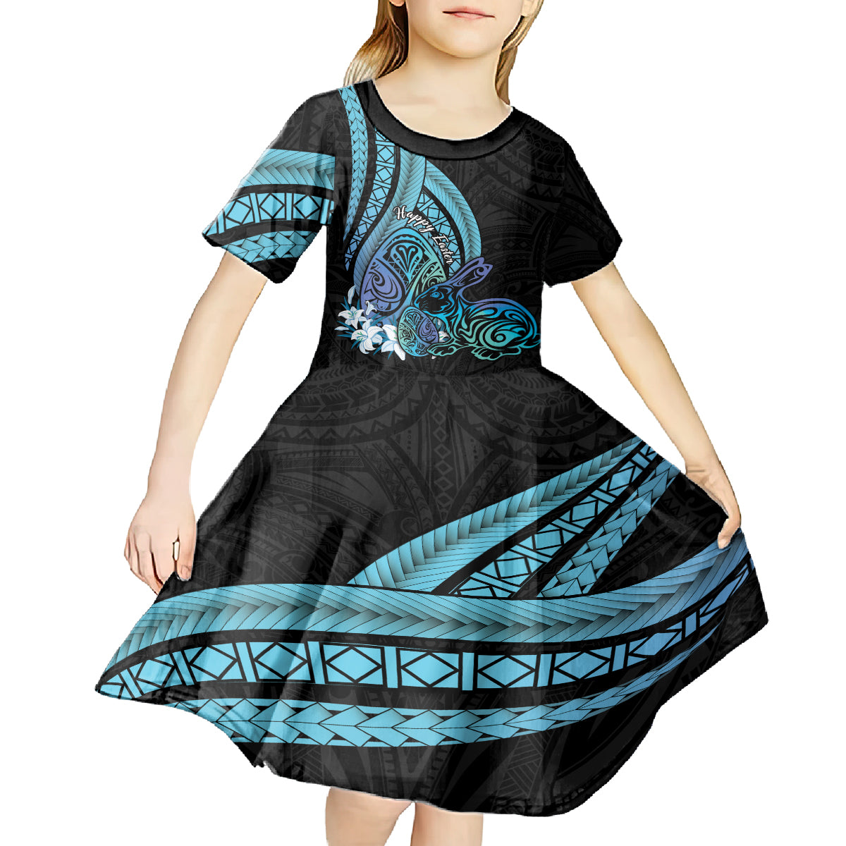 Turquoise Polynesia Easter Day Kid Short Sleeve Dress Eggs With Bunny Polynesian Pattern LT14 - Polynesian Pride