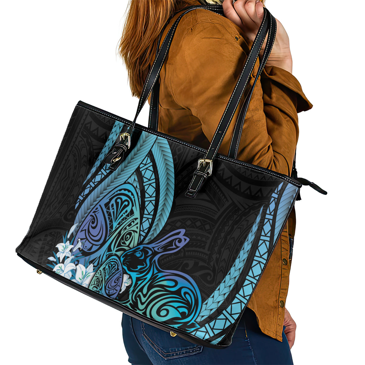 Turquoise Polynesia Easter Day Leather Tote Bag Eggs With Bunny Polynesian Pattern