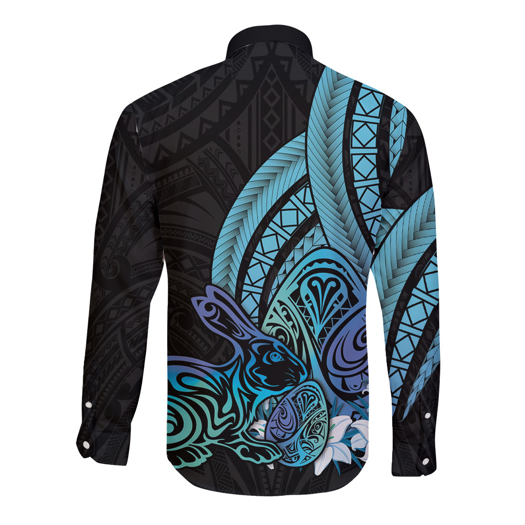 Turquoise Polynesia Easter Day Long Sleeve Button Shirt Eggs With Bunny Polynesian Pattern LT14 - Polynesian Pride