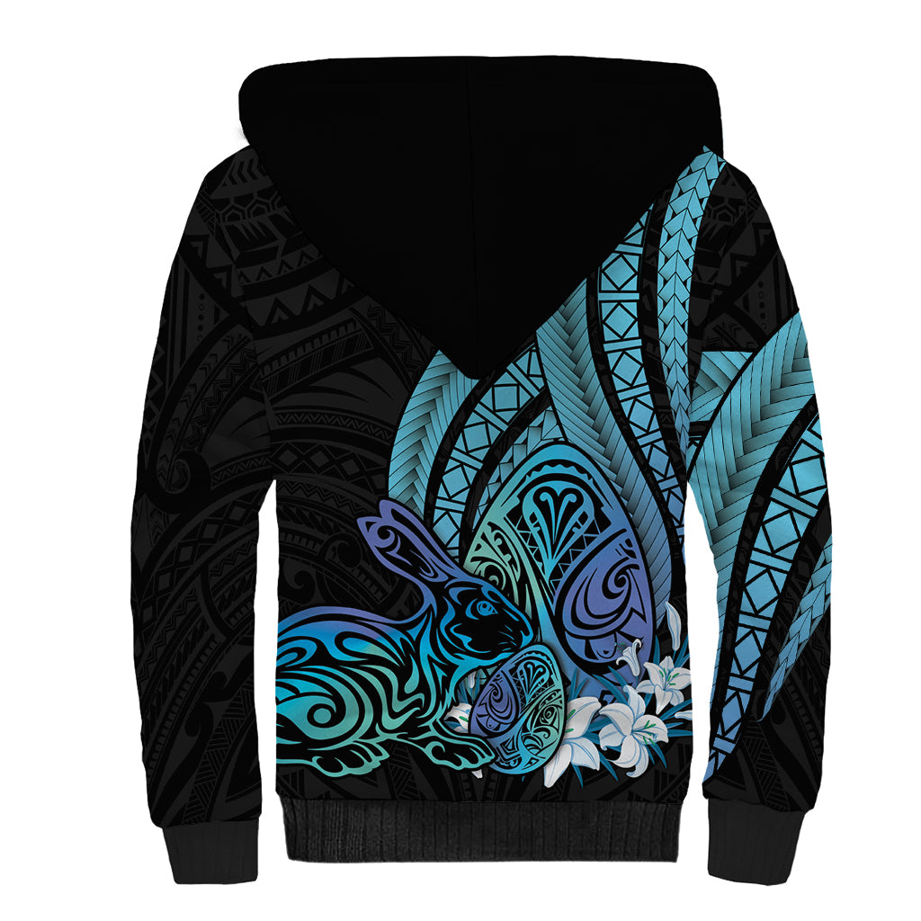Turquoise Polynesia Easter Day Sherpa Hoodie Eggs With Bunny Polynesian Pattern