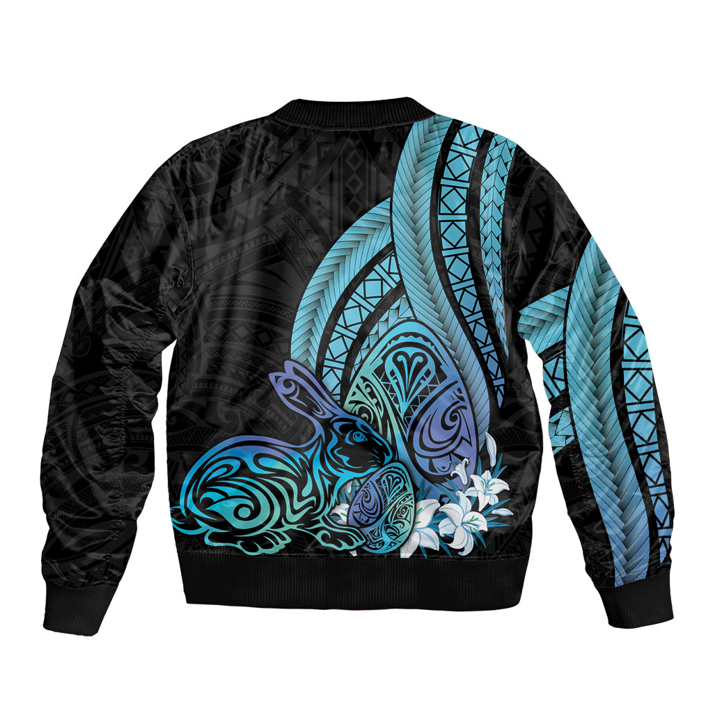 Turquoise Polynesia Easter Day Sleeve Zip Bomber Jacket Eggs With Bunny Polynesian Pattern