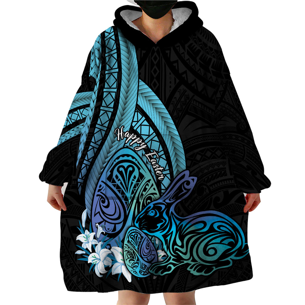 Turquoise Polynesia Easter Day Wearable Blanket Hoodie Eggs With Bunny Polynesian Pattern