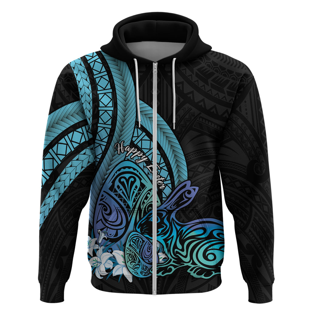 Turquoise Polynesia Easter Day Zip Hoodie Eggs With Bunny Polynesian Pattern