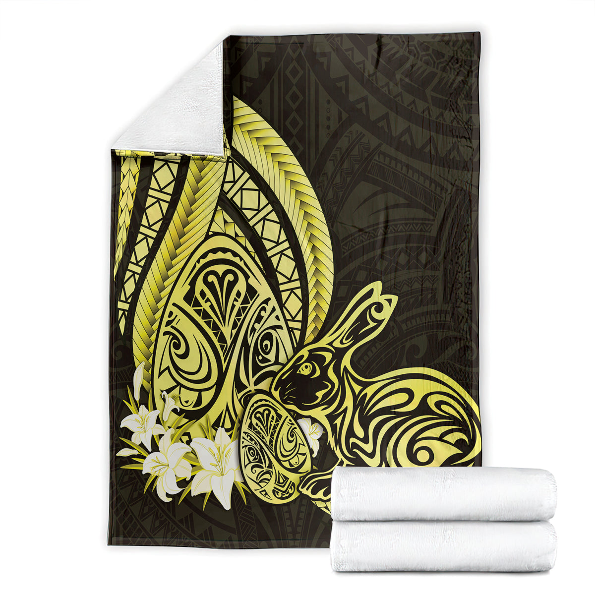 Yellow Polynesia Easter Day Blanket Eggs With Bunny Polynesian Pattern