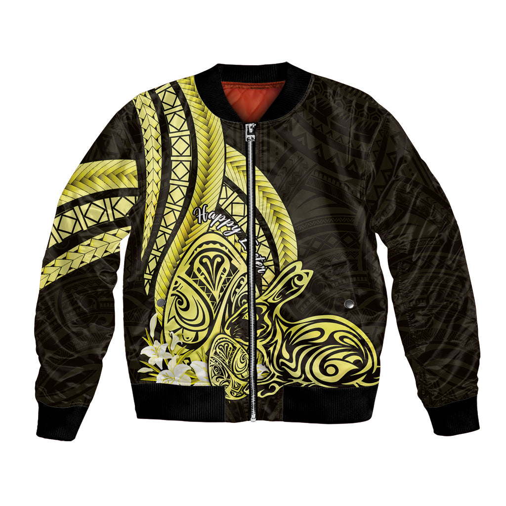 Yellow Polynesia Easter Day Bomber Jacket Eggs With Bunny Polynesian Pattern