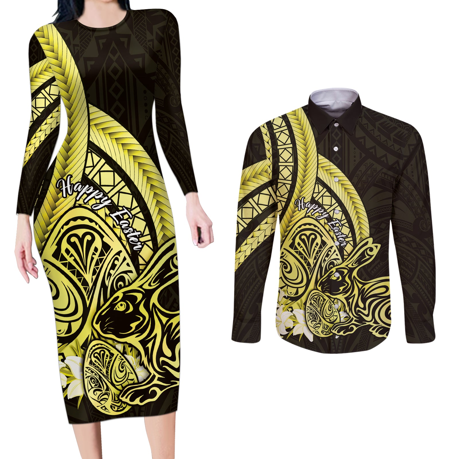 Yellow Polynesia Easter Day Couples Matching Long Sleeve Bodycon Dress and Long Sleeve Button Shirt Eggs With Bunny Polynesian Pattern