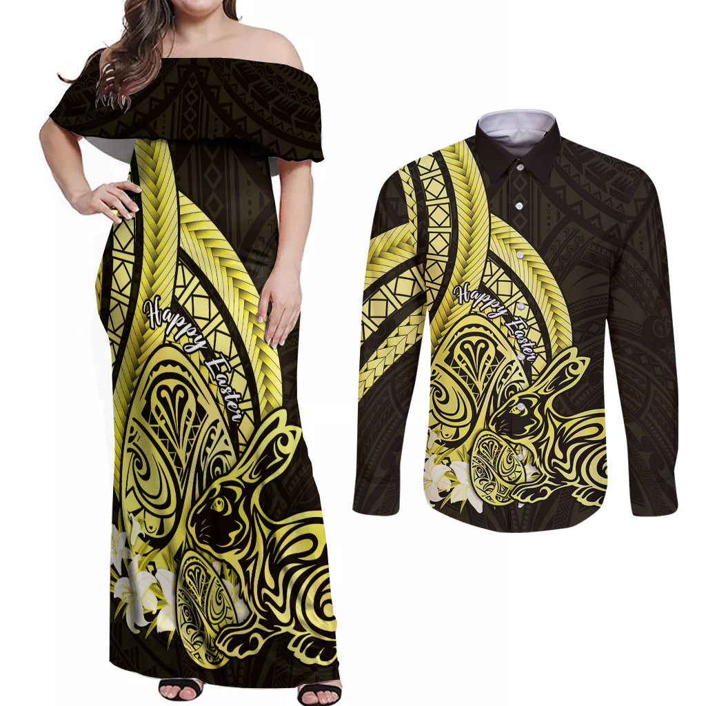 Yellow Polynesia Easter Day Couples Matching Off Shoulder Maxi Dress and Long Sleeve Button Shirt Eggs With Bunny Polynesian Pattern