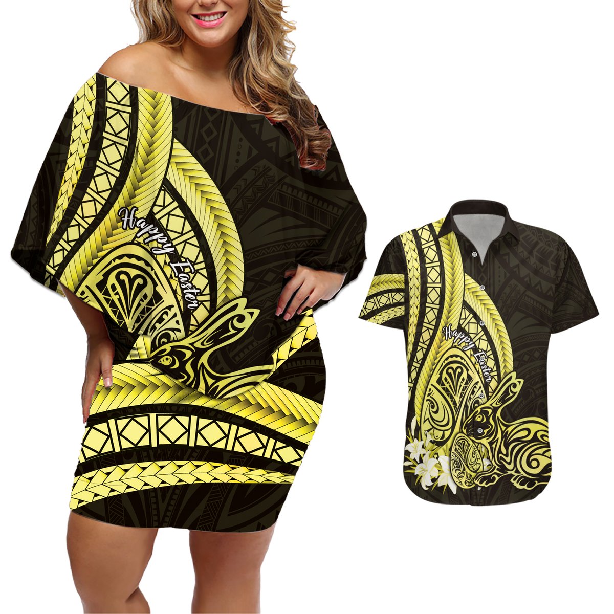 Yellow Polynesia Easter Day Couples Matching Off Shoulder Short Dress and Hawaiian Shirt Eggs With Bunny Polynesian Pattern