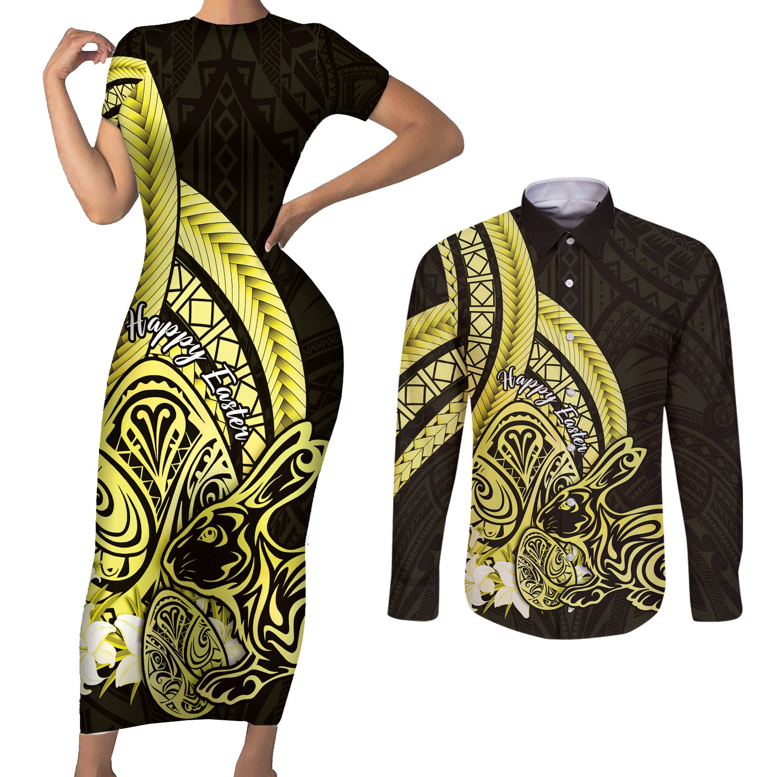 Yellow Polynesia Easter Day Couples Matching Short Sleeve Bodycon Dress and Long Sleeve Button Shirt Eggs With Bunny Polynesian Pattern