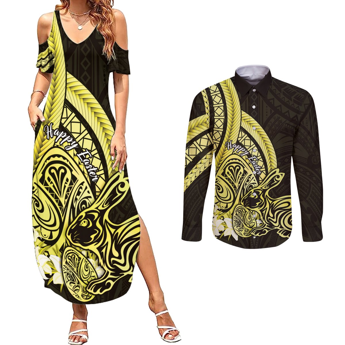 Yellow Polynesia Easter Day Couples Matching Summer Maxi Dress and Long Sleeve Button Shirt Eggs With Bunny Polynesian Pattern