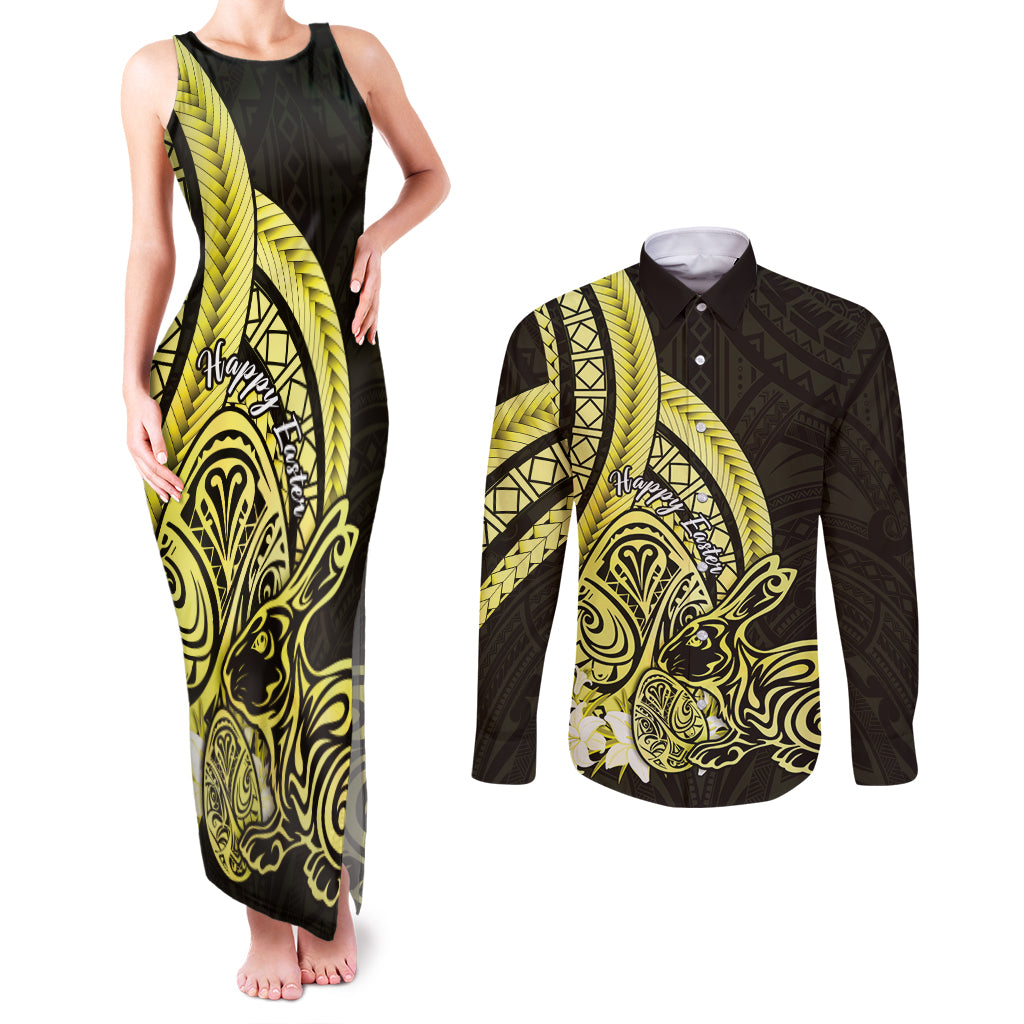Yellow Polynesia Easter Day Couples Matching Tank Maxi Dress and Long Sleeve Button Shirt Eggs With Bunny Polynesian Pattern