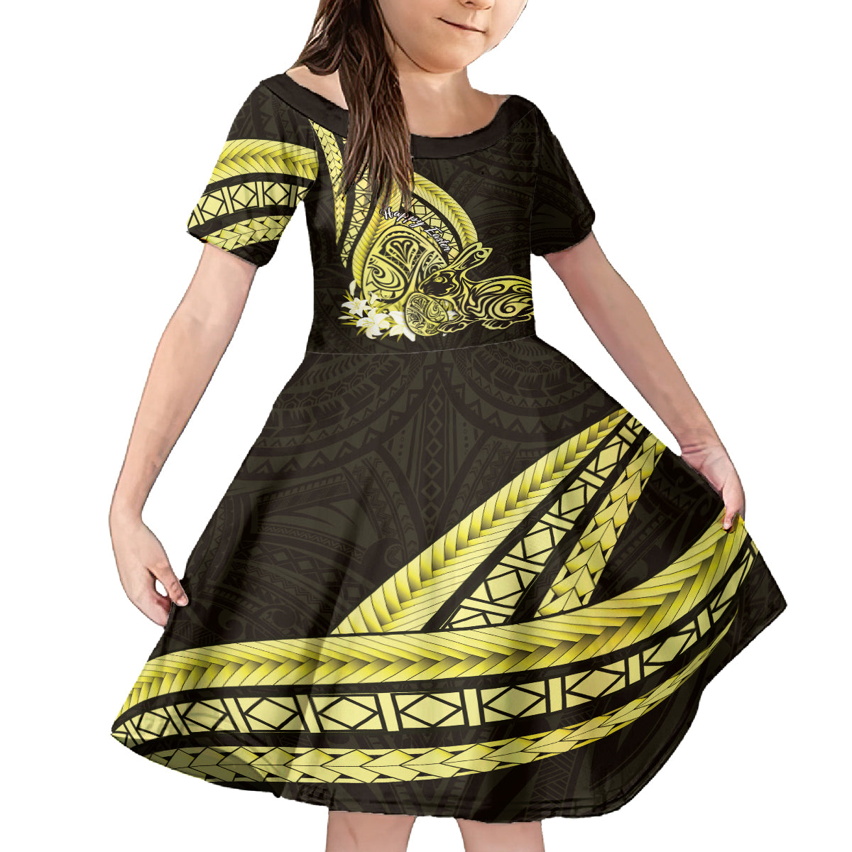 Yellow Polynesia Easter Day Family Matching Long Sleeve Bodycon Dress and Hawaiian Shirt Eggs With Bunny Polynesian Pattern LT14 Daughter's Dress Yellow - Polynesian Pride