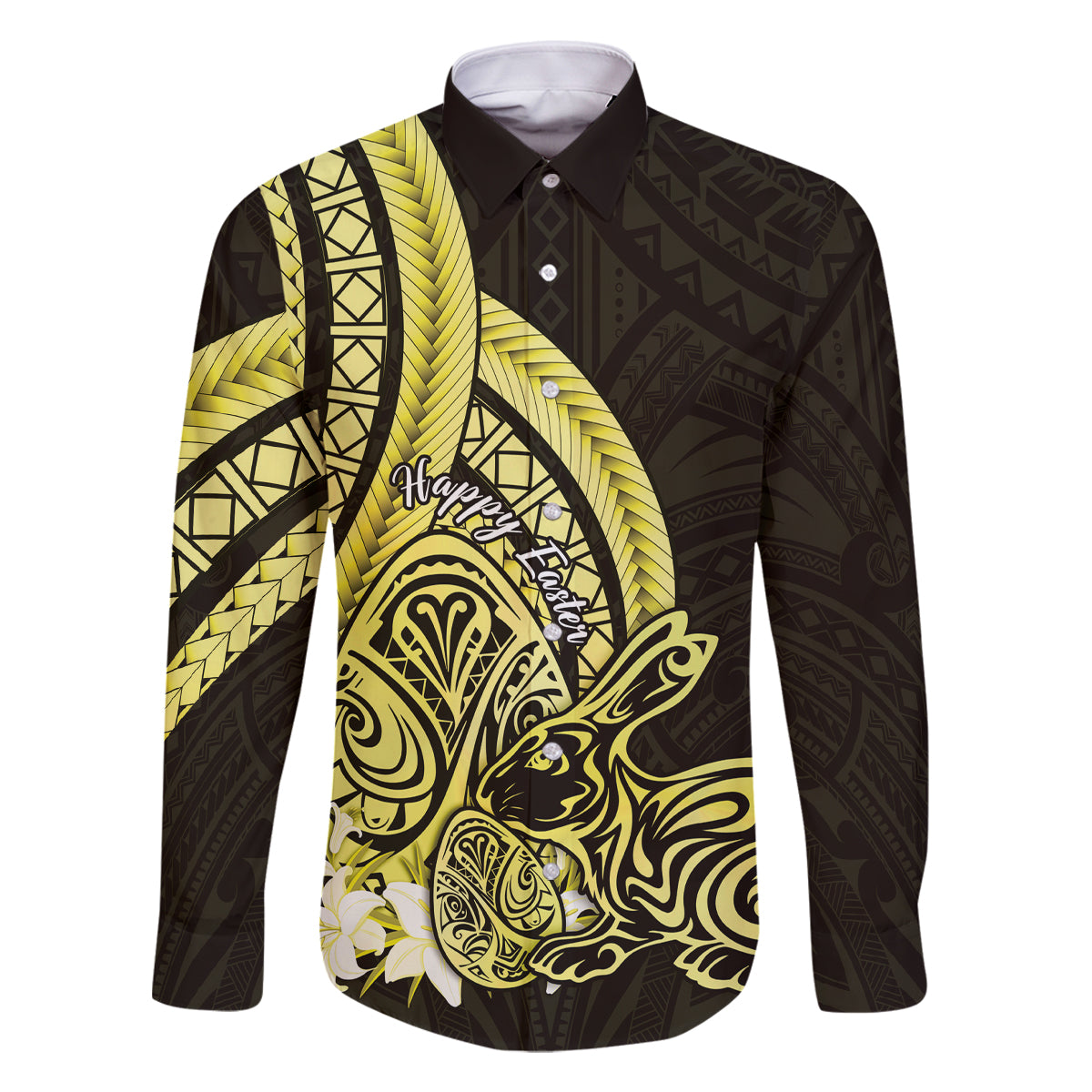 Yellow Polynesia Easter Day Family Matching Long Sleeve Bodycon Dress and Hawaiian Shirt Eggs With Bunny Polynesian Pattern LT14 Dad's Shirt - Long Sleeve Yellow - Polynesian Pride