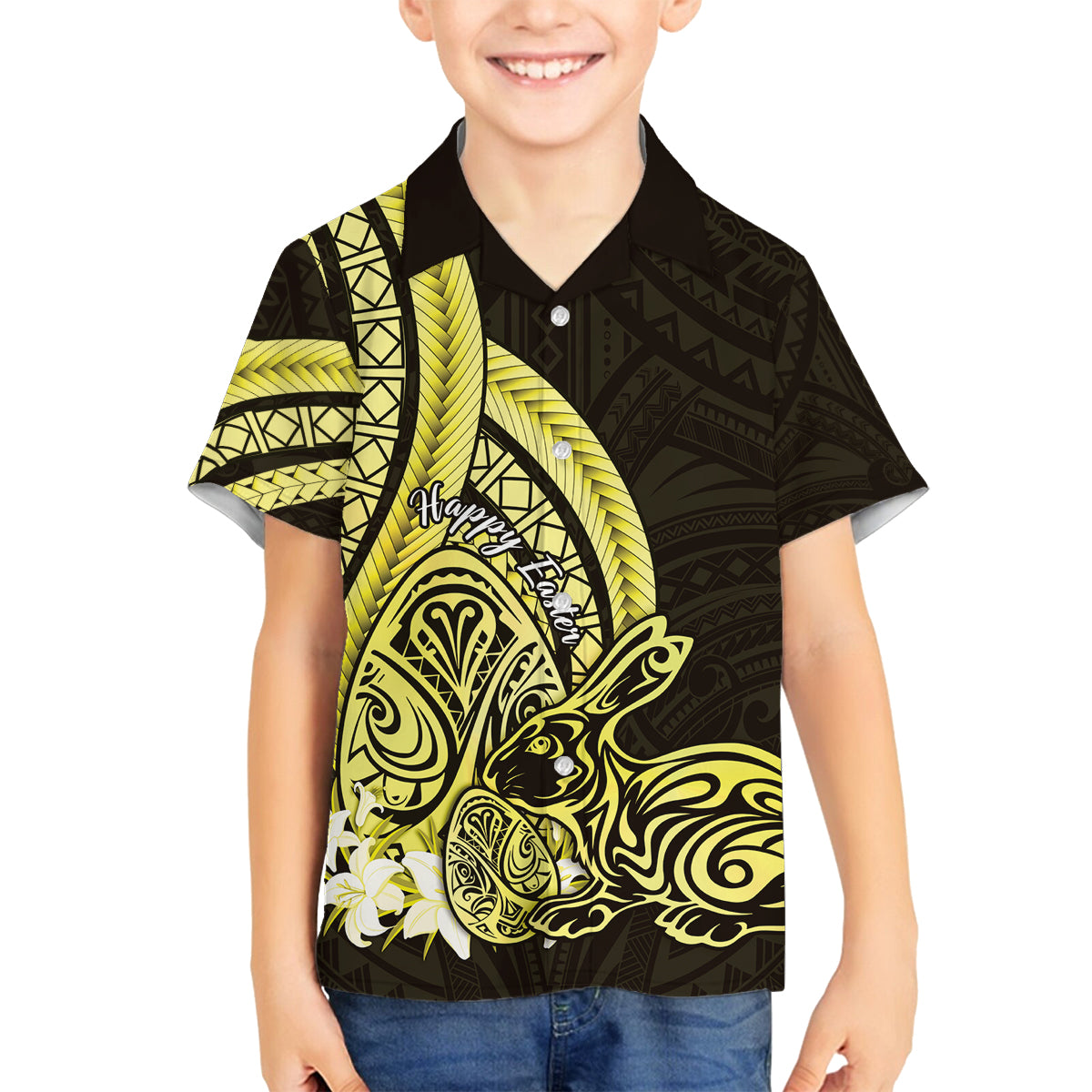 Yellow Polynesia Easter Day Family Matching Long Sleeve Bodycon Dress and Hawaiian Shirt Eggs With Bunny Polynesian Pattern LT14 Son's Shirt Yellow - Polynesian Pride