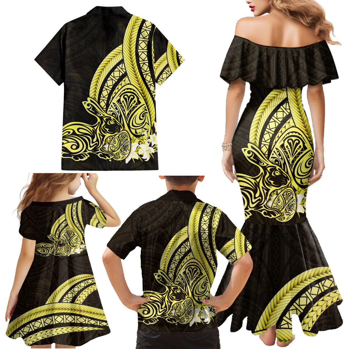 Yellow Polynesia Easter Day Family Matching Mermaid Dress and Hawaiian Shirt Eggs With Bunny Polynesian Pattern
