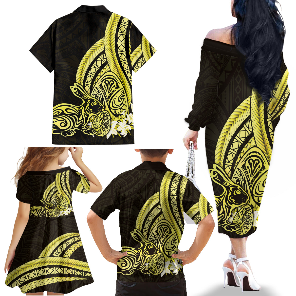 Yellow Polynesia Easter Day Family Matching Off The Shoulder Long Sleeve Dress and Hawaiian Shirt Eggs With Bunny Polynesian Pattern