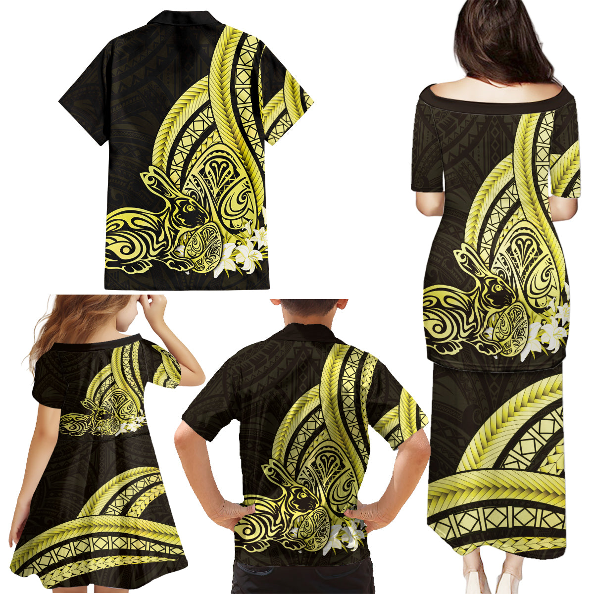 Yellow Polynesia Easter Day Family Matching Puletasi and Hawaiian Shirt Eggs With Bunny Polynesian Pattern