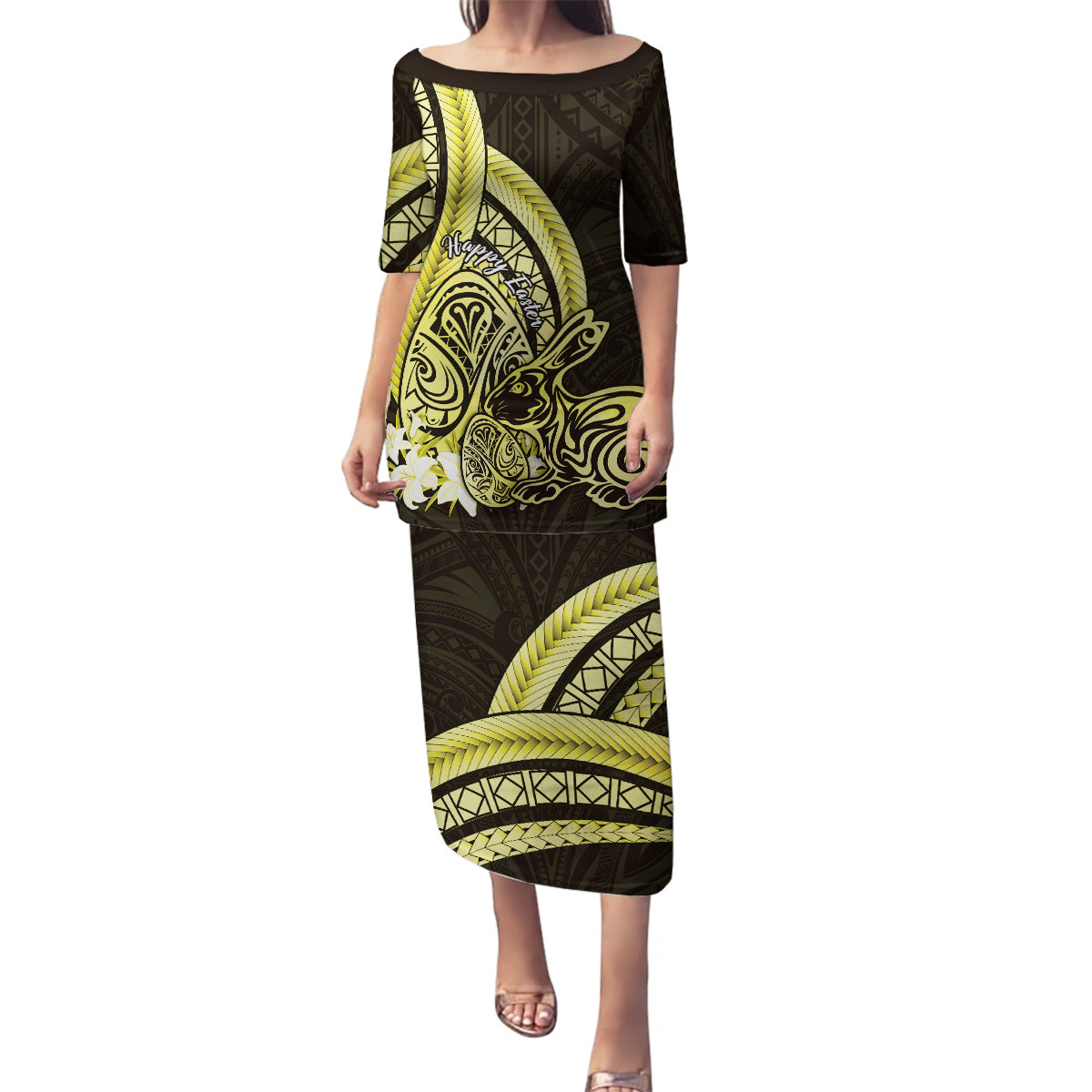 Yellow Polynesia Easter Day Family Matching Puletasi and Hawaiian Shirt Eggs With Bunny Polynesian Pattern