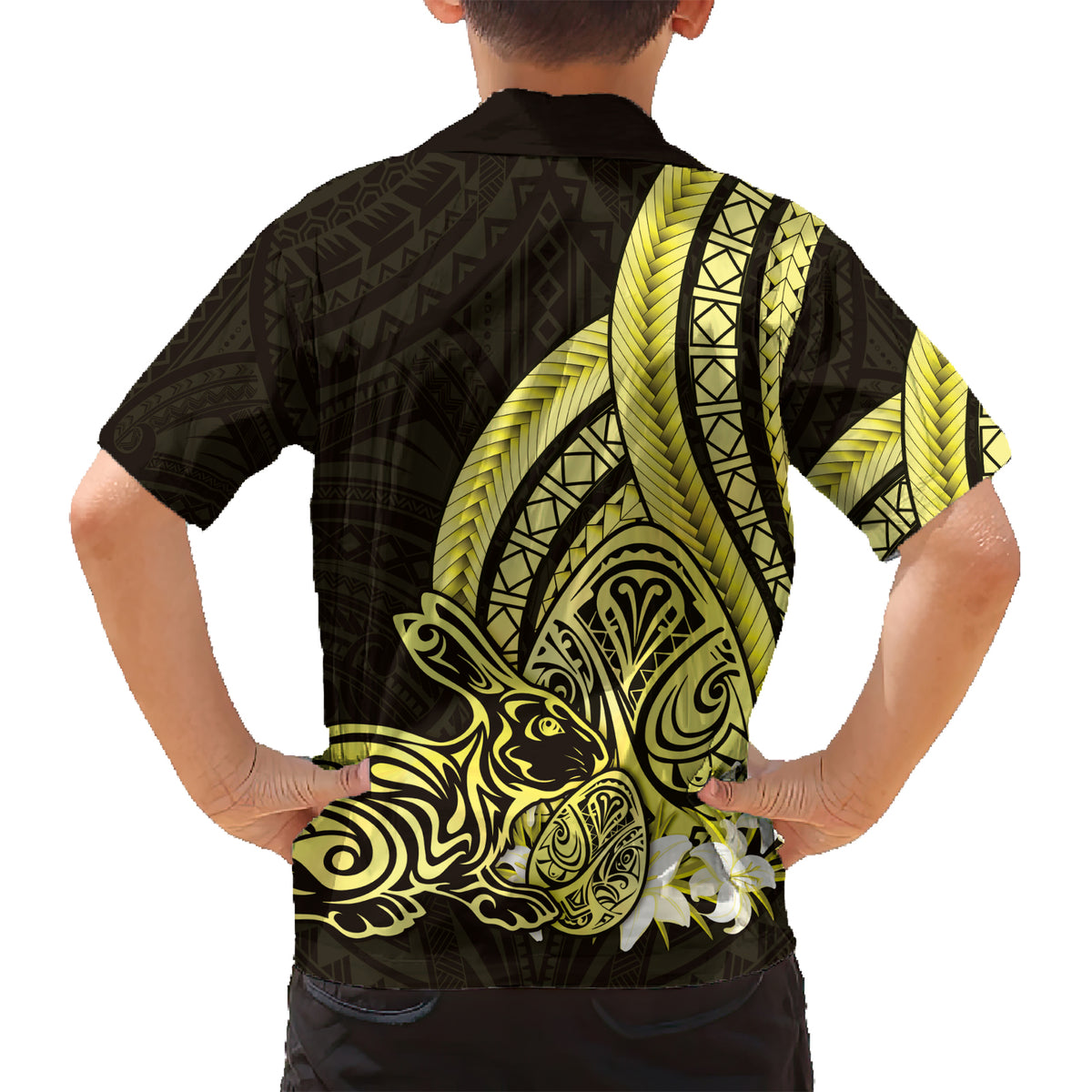 Yellow Polynesia Easter Day Family Matching Short Sleeve Bodycon Dress and Hawaiian Shirt Eggs With Bunny Polynesian Pattern