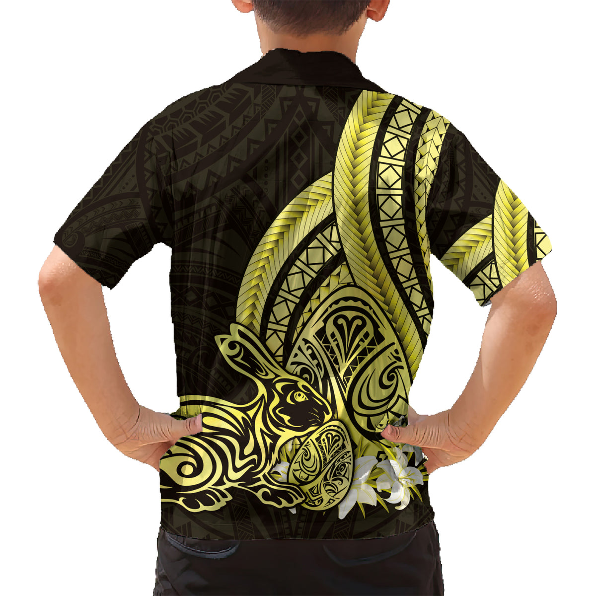 Yellow Polynesia Easter Day Kid Hawaiian Shirt Eggs With Bunny Polynesian Pattern