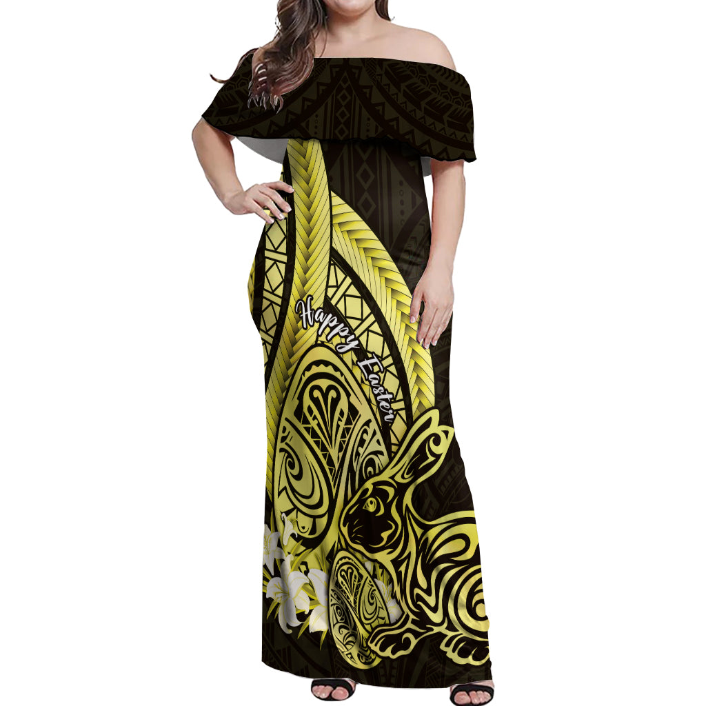 Yellow Polynesia Easter Day Off Shoulder Maxi Dress Eggs With Bunny Polynesian Pattern