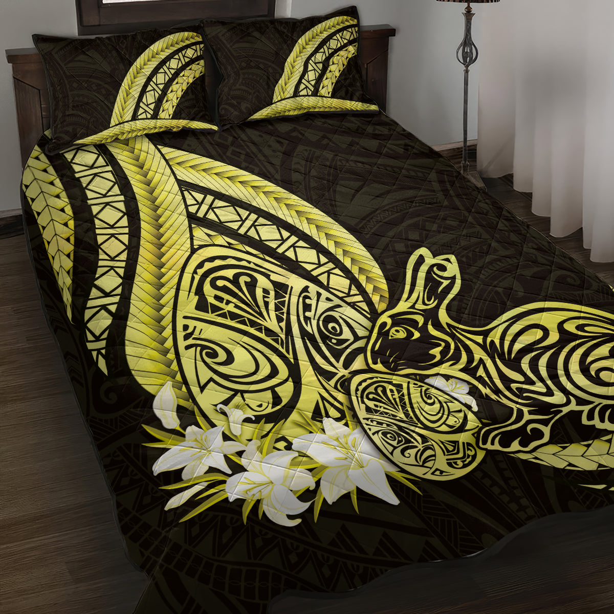 Yellow Polynesia Easter Day Quilt Bed Set Eggs With Bunny Polynesian Pattern