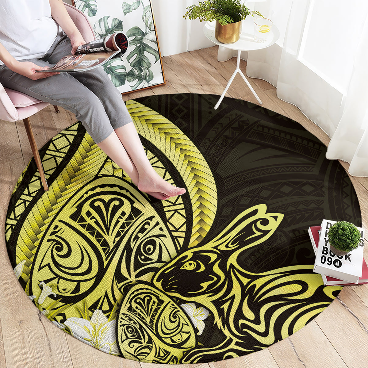 Yellow Polynesia Easter Day Round Carpet Eggs With Bunny Polynesian Pattern LT14 - Polynesian Pride