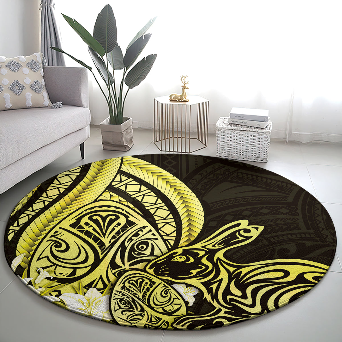 Yellow Polynesia Easter Day Round Carpet Eggs With Bunny Polynesian Pattern LT14 - Polynesian Pride