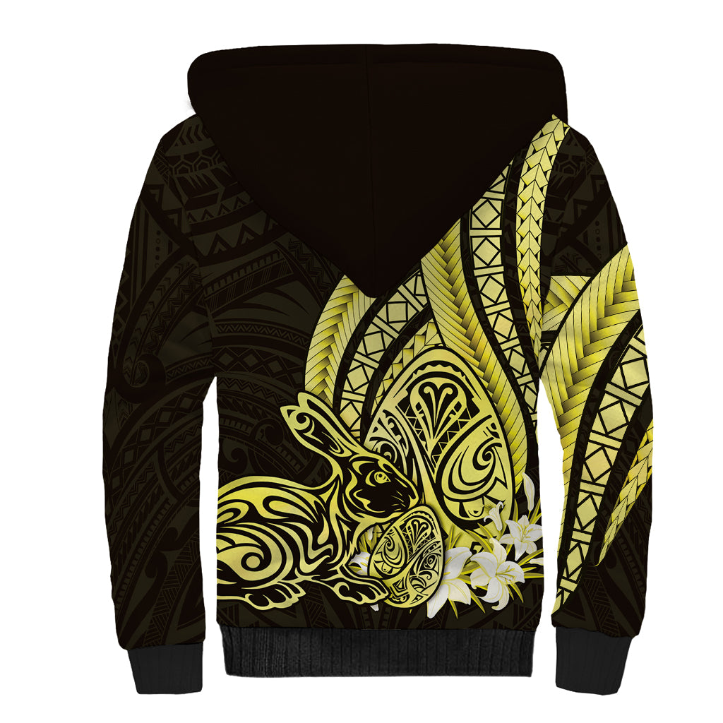Yellow Polynesia Easter Day Sherpa Hoodie Eggs With Bunny Polynesian Pattern
