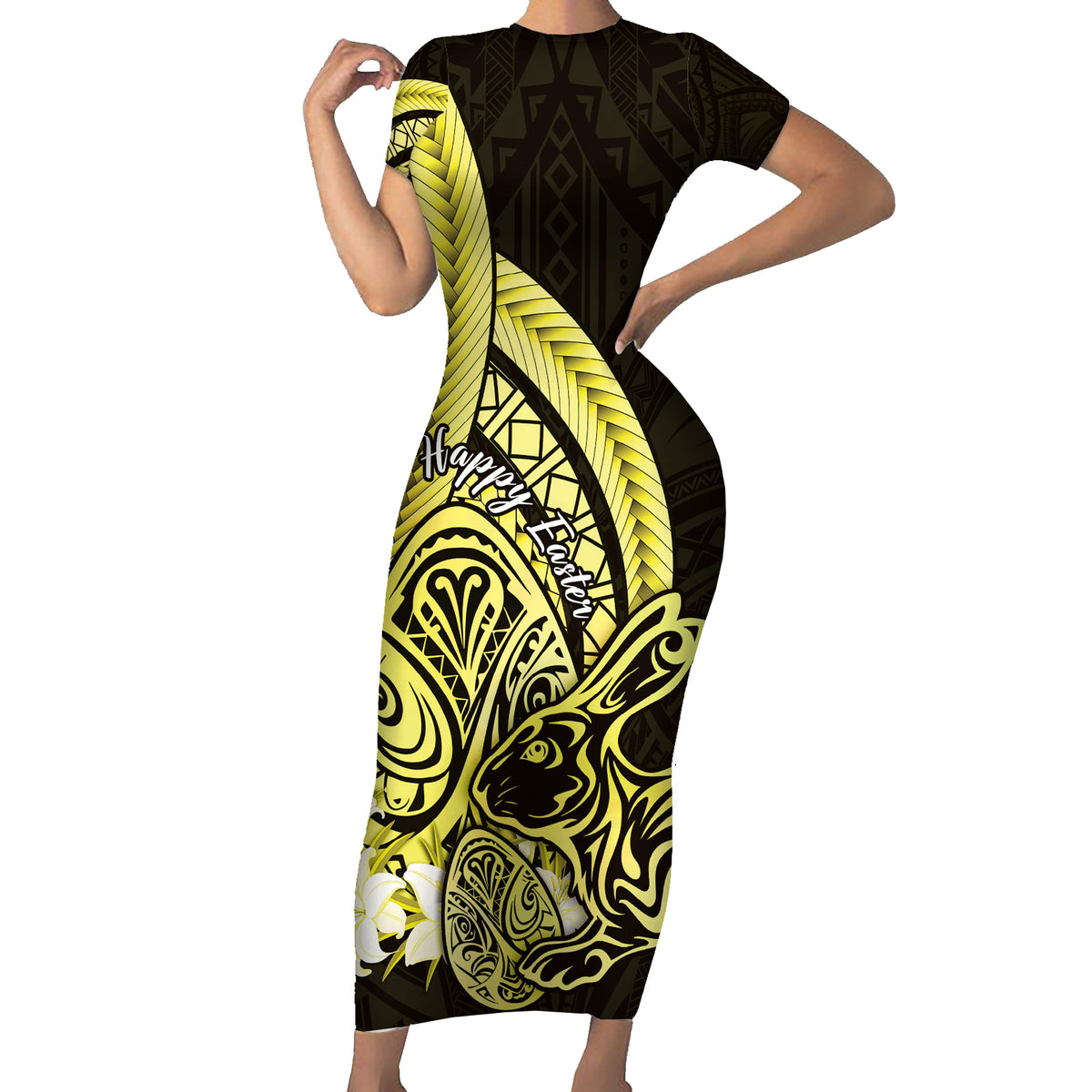 Yellow Polynesia Easter Day Short Sleeve Bodycon Dress Eggs With Bunny Polynesian Pattern